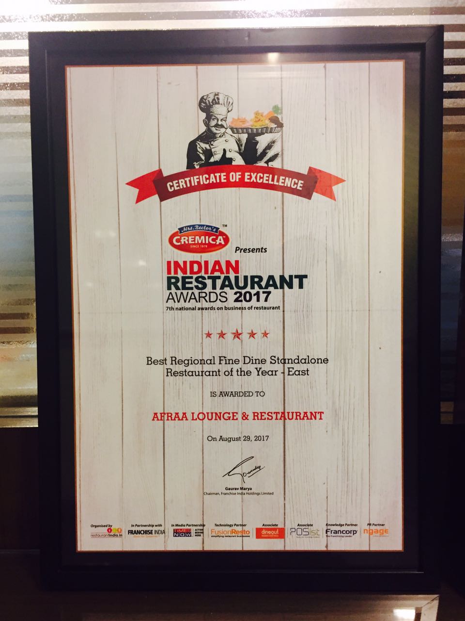 Indian Restaurant Awards 2017 Best Regional Standalone Restaurant of the Year East - Afraa Lounge & Restaurant