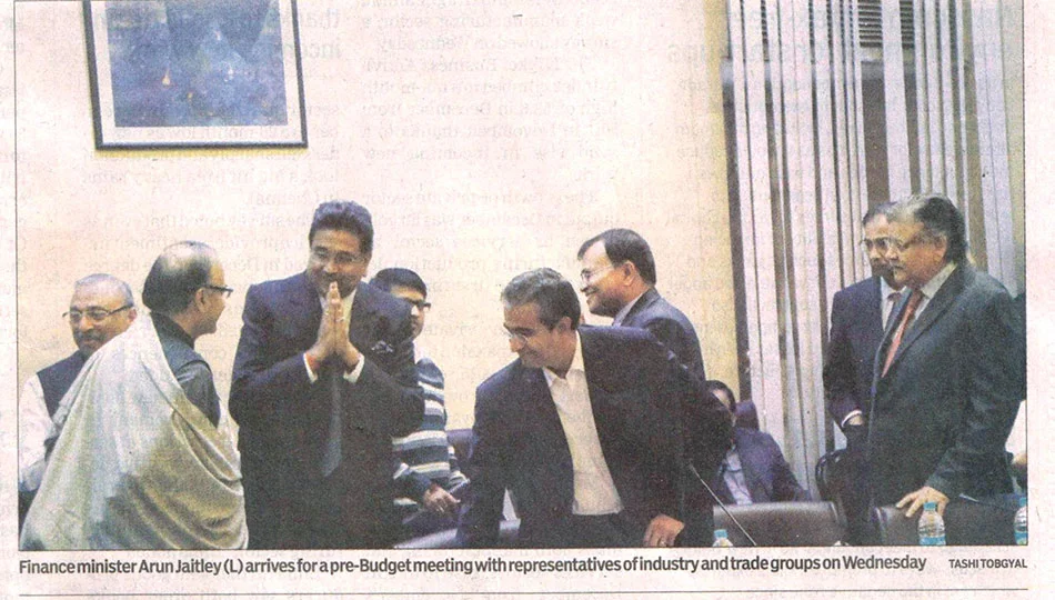 Finance Minister Arun Jaitley arrives for a pro-Budget meeting with representatives of industry and trade groups