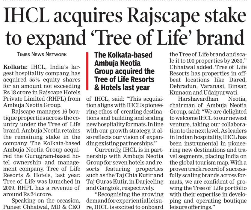 IHCL Acquires Rajscape Stake to Expand "Tree of Life" brand - TOI