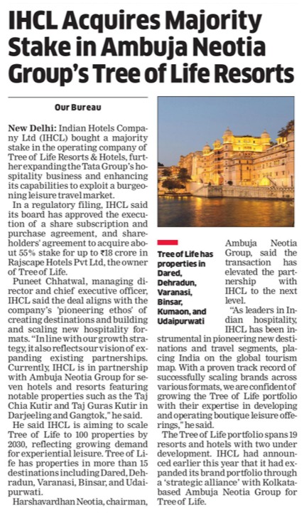 IHCL Acuqires Majority Stake in Ambuja Neotia Group's Tree of Life Resorts -  The Economic Times