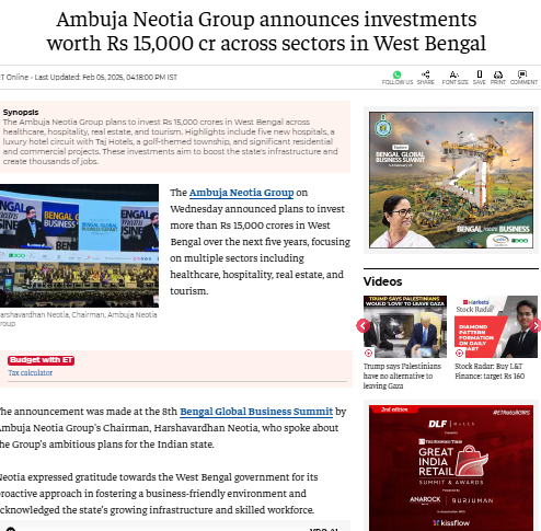 Ambuja Neotia Group announces investments worth Rs 15,000 cr across sectors in West Bengal - The Economic Times